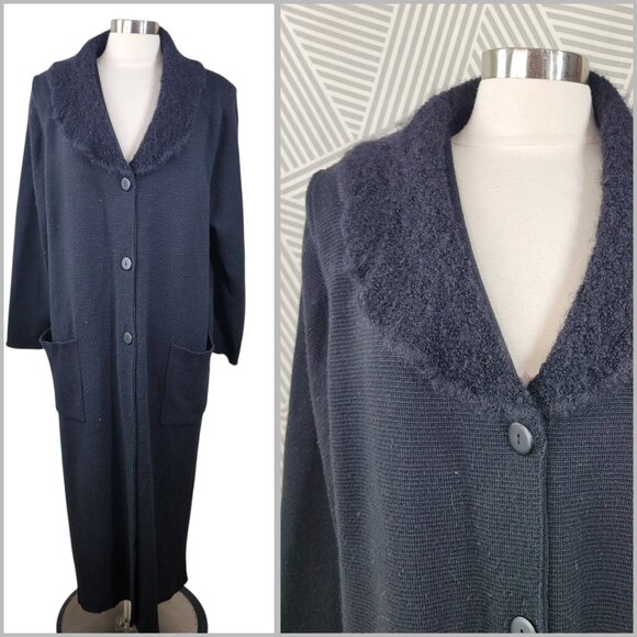 Vtg Magic Made in Italy Merino Wool Duster Cardigan Large Black Sweater Coat - Picture 1 of 8